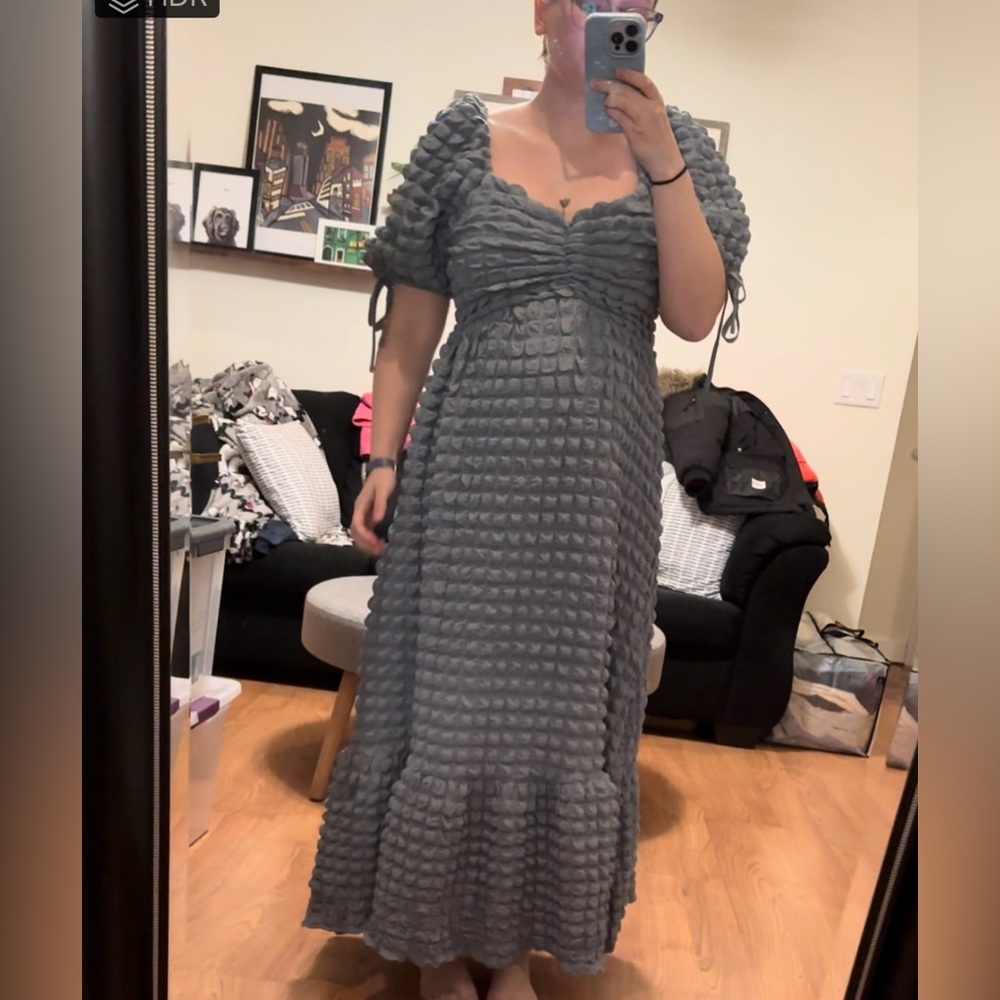 Anthropologie Gray Puff-Sleeve Midi Dress